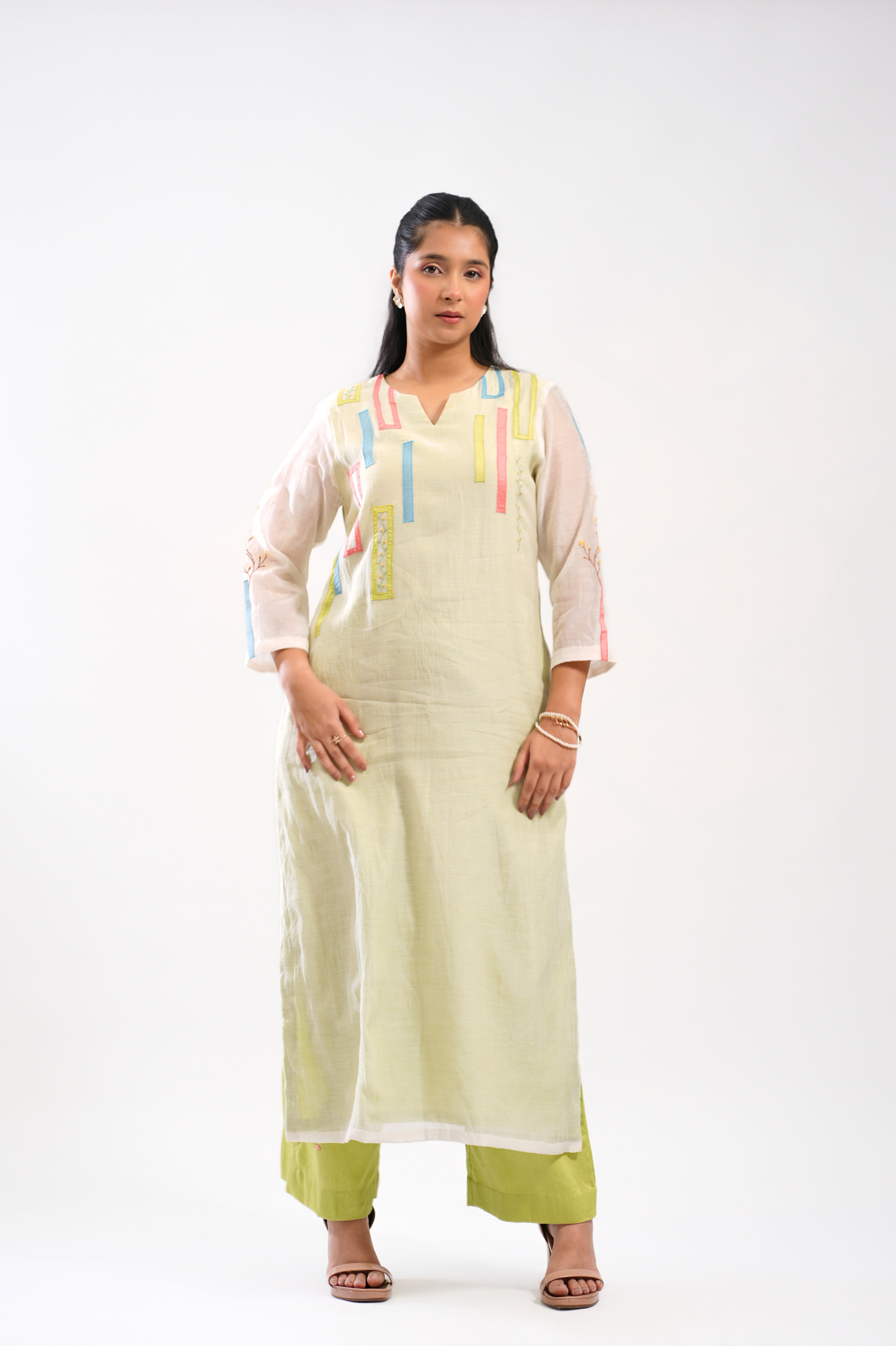 Lime Sketch Mul Chanderi Kurta