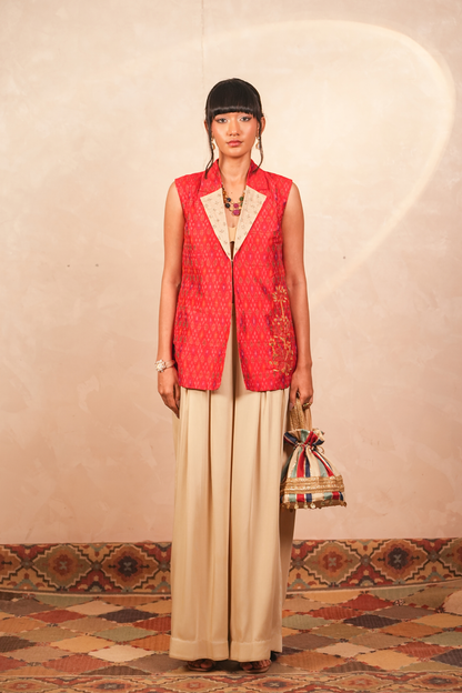 Parijaat Ikat Jacket & Pants Co-Ord Set (Red)
