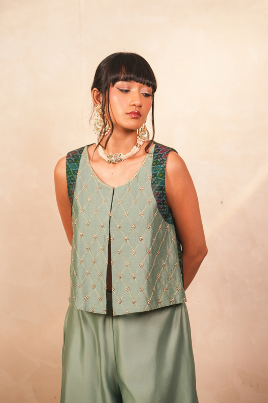 Chandni Silk Chanderi and Ikat Jacket (Teal)