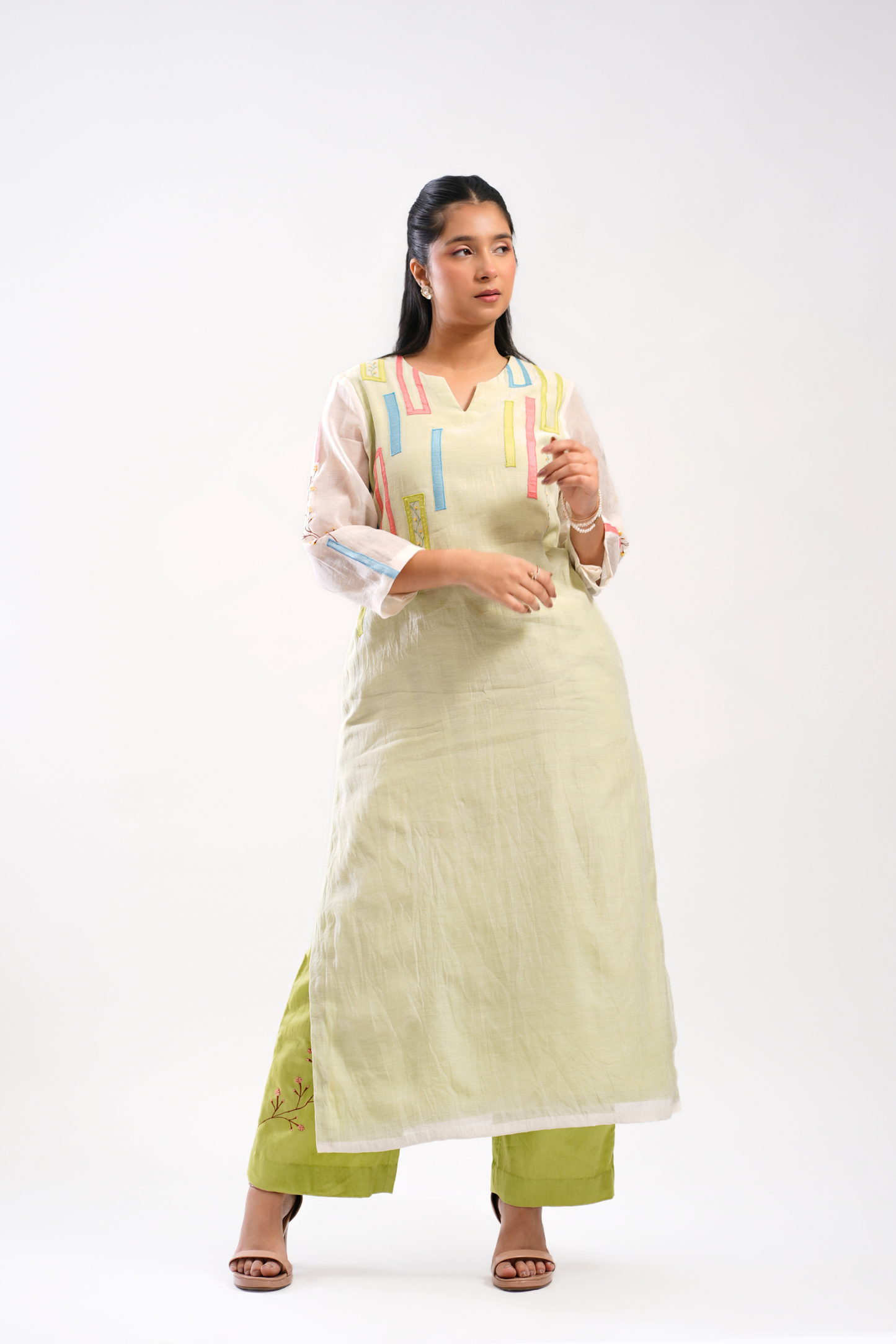 Lime Sketch Mul Chanderi Kurta