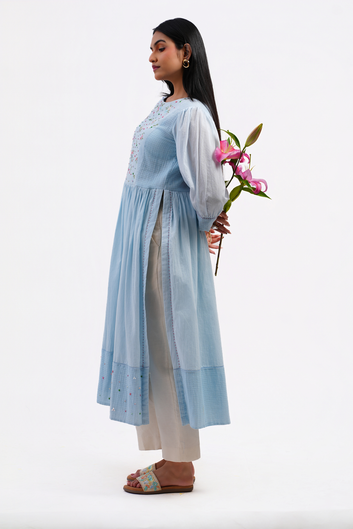 Iris Pure Mulmul High Slit Kurta (Blue)