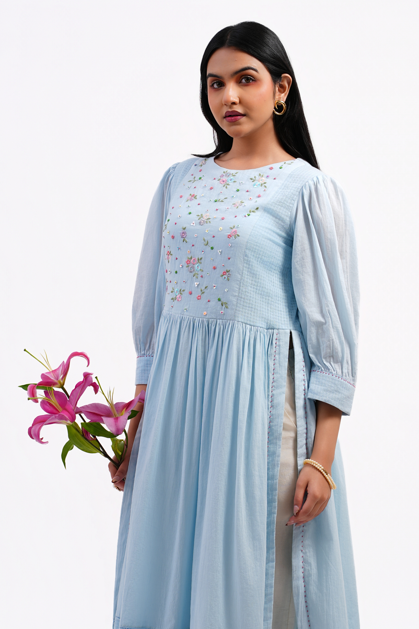 Iris Pure Mulmul High Slit Kurta (Blue)