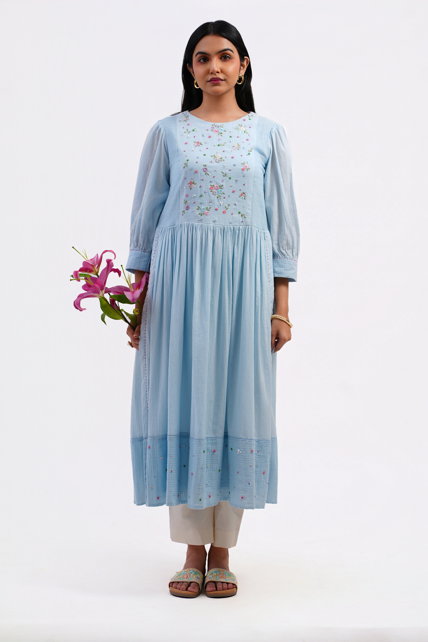 Iris Pure Mulmul High Slit Kurta (Blue)