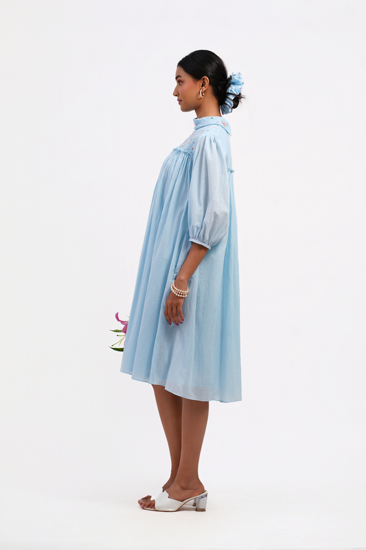 Buttercup Pure Mulmul Dress (Blue)