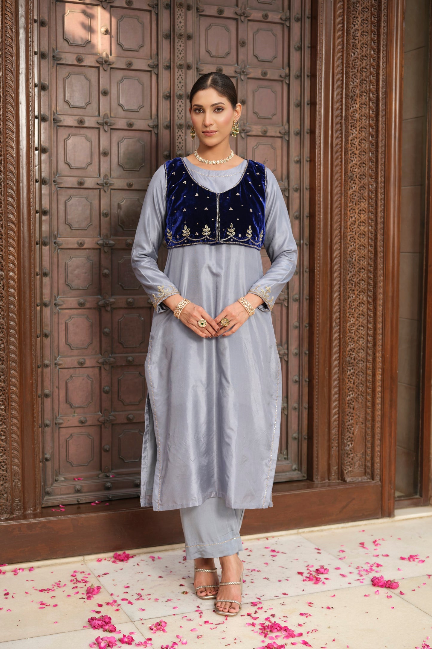 Ishq Pure Silk and Velvet kurta and jacket set (Blue)