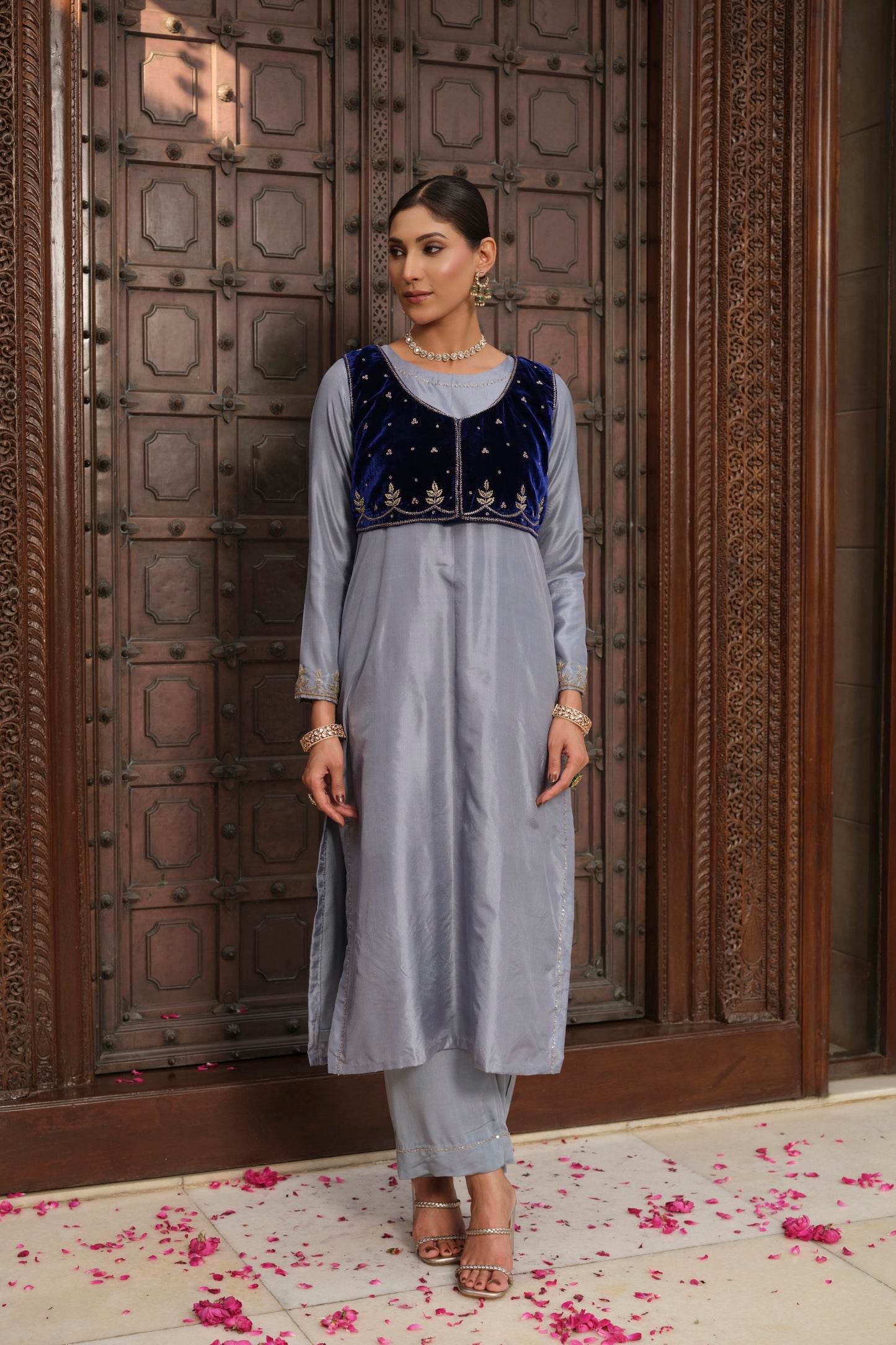 Ishq Pure Silk and Velvet kurta and jacket set (Blue)
