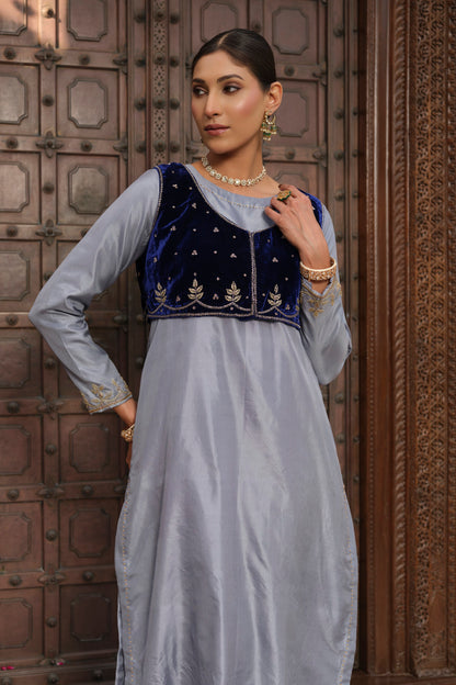 Ishq Pure Silk and Velvet kurta and jacket set (Blue)