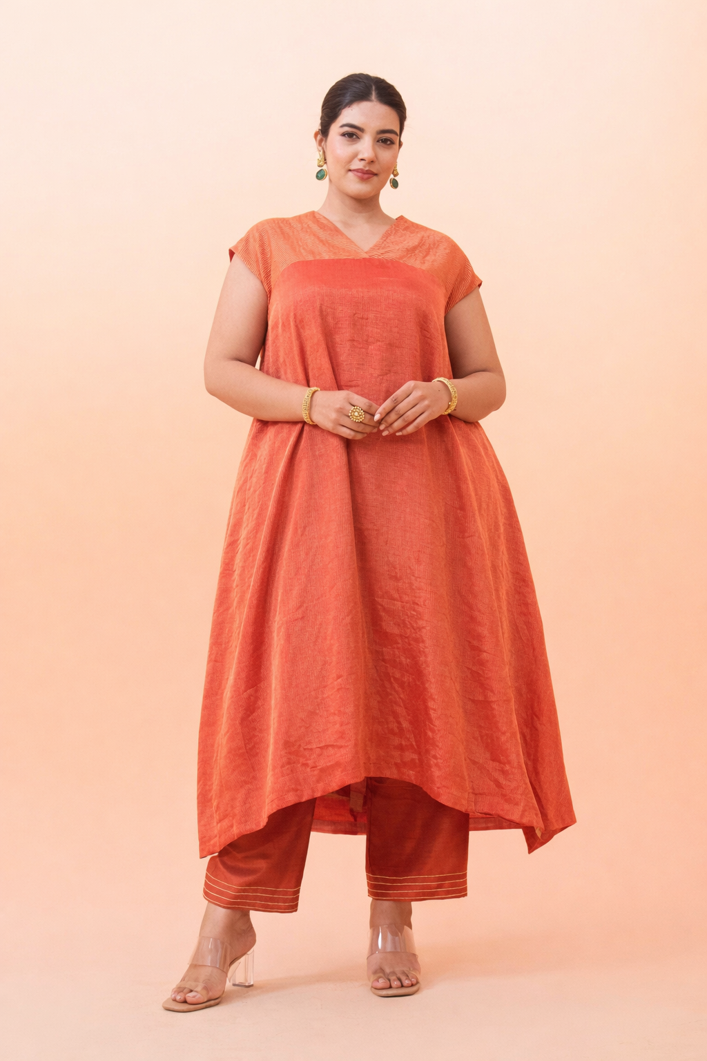 Rust Glow Tissue Maheshwari Kurta (Curve-friendly)