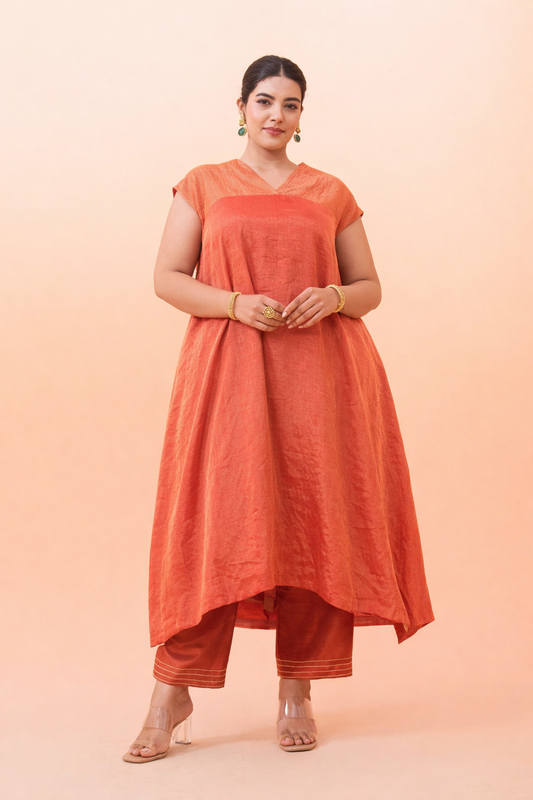 Rust Glow Tissue Maheshwari Kurta (Curve-friendly)
