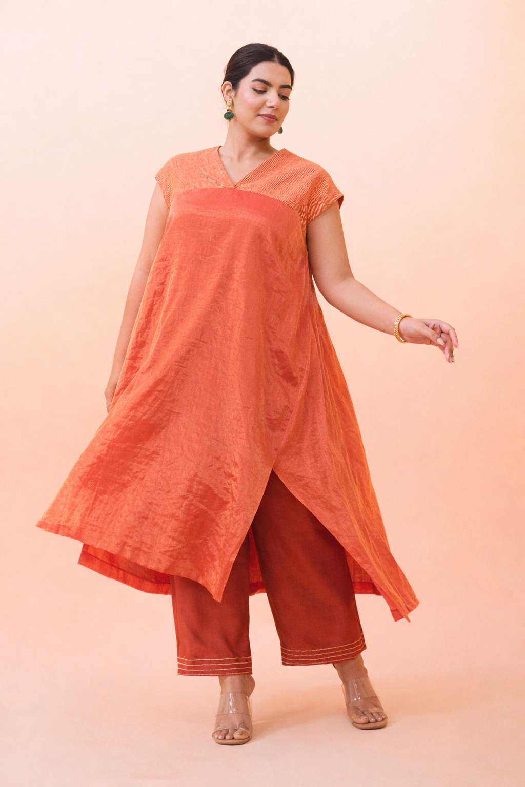 Rust Glow Tissue Maheshwari Kurta (Curve-friendly)