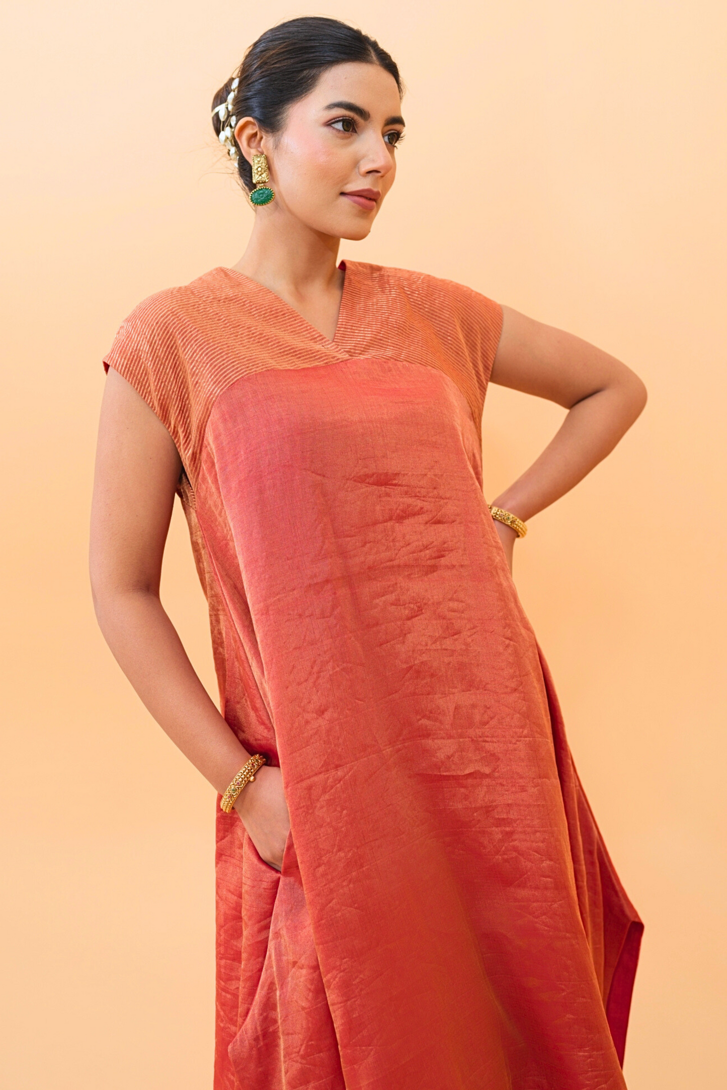 Rust Glow Tissue Maheshwari Kurta