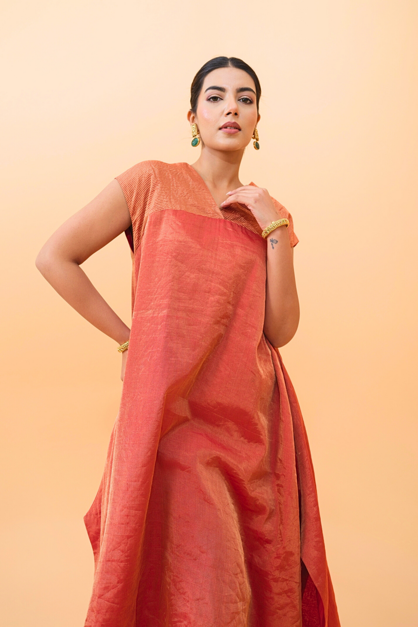 Rust Glow Tissue Maheshwari Kurta