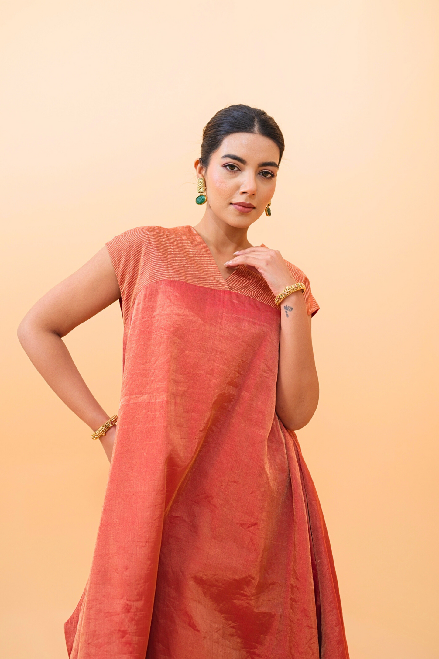Rust Glow Tissue Maheshwari Kurta