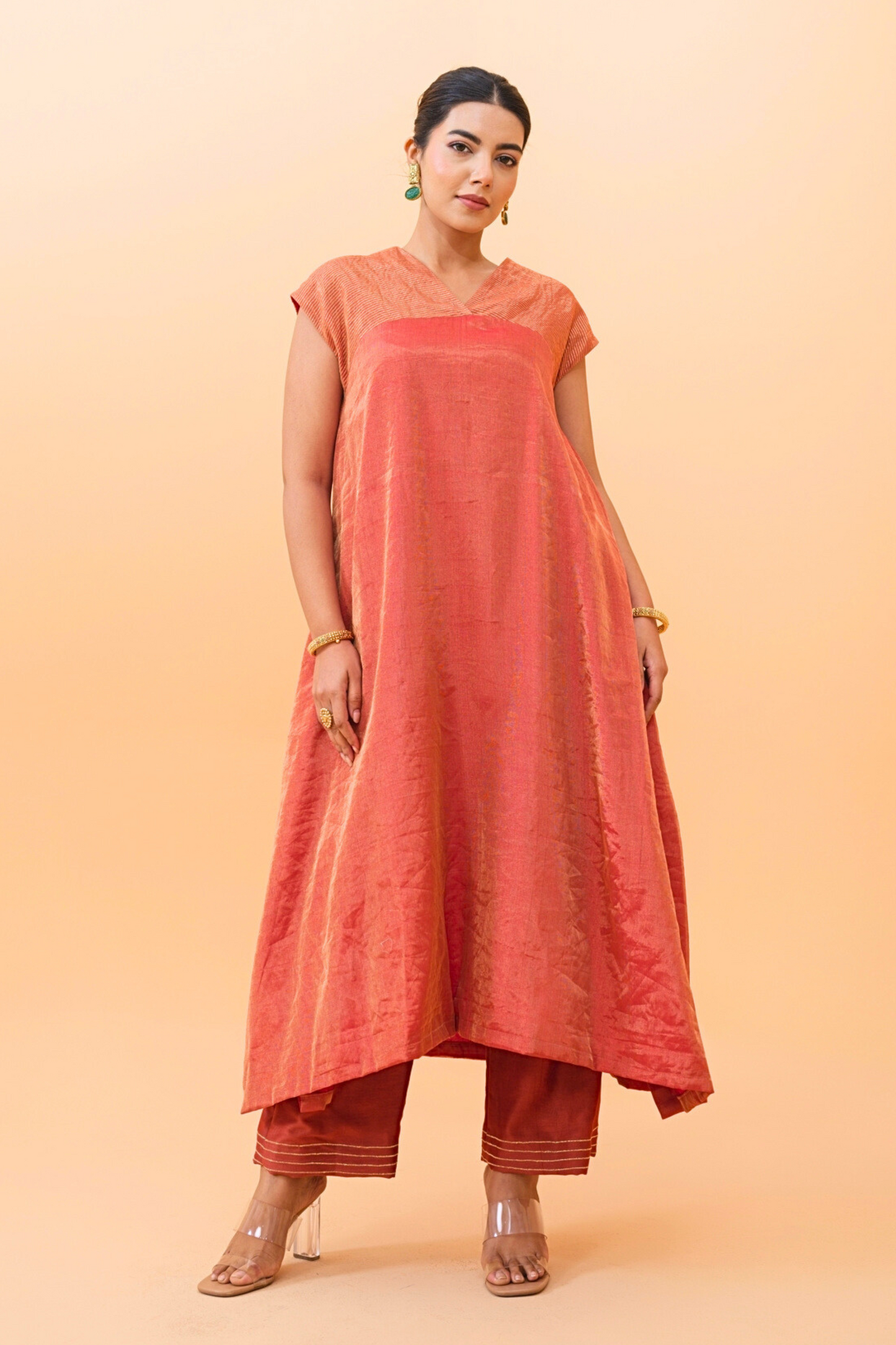 Rust Glow Tissue Maheshwari Kurta