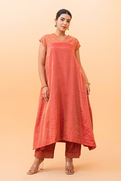 Rust Glow Tissue Maheshwari Kurta