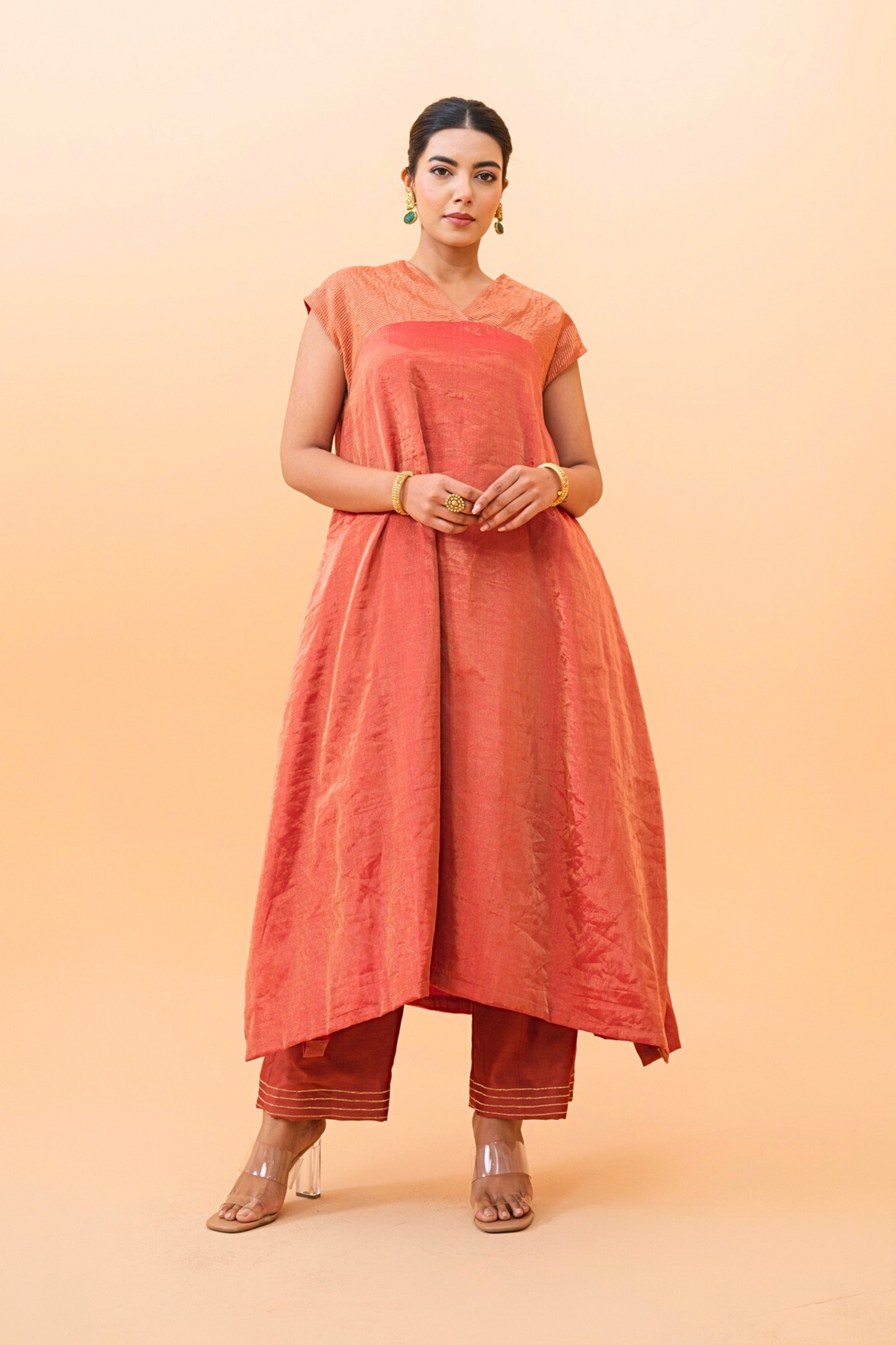 Rust Glow Tissue Maheshwari Kurta