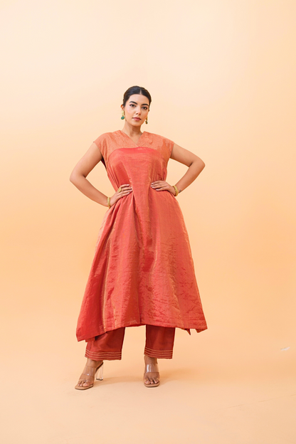 Rust Glow Tissue Maheshwari Kurta