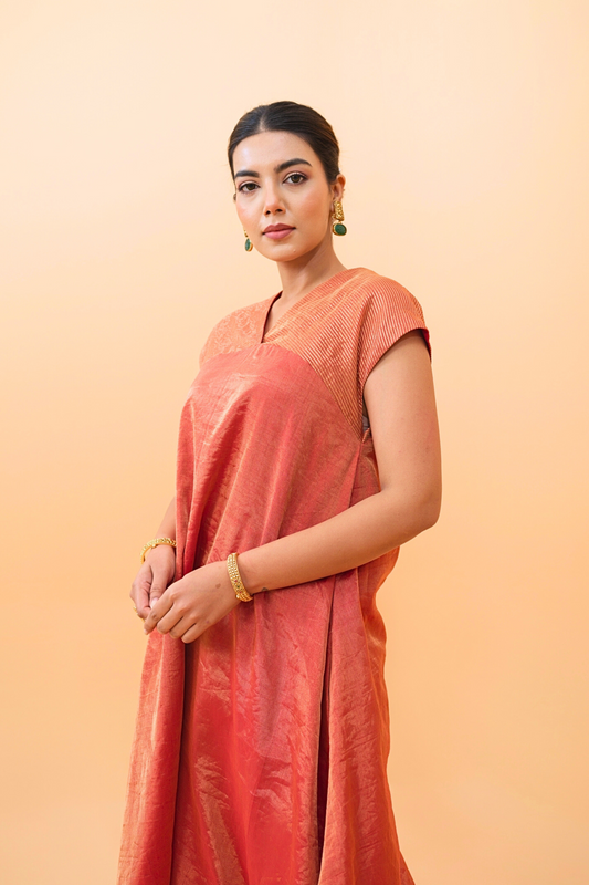 Rust Glow Tissue Maheshwari Kurta