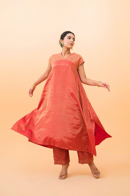 Rust Glow Tissue Maheshwari Kurta